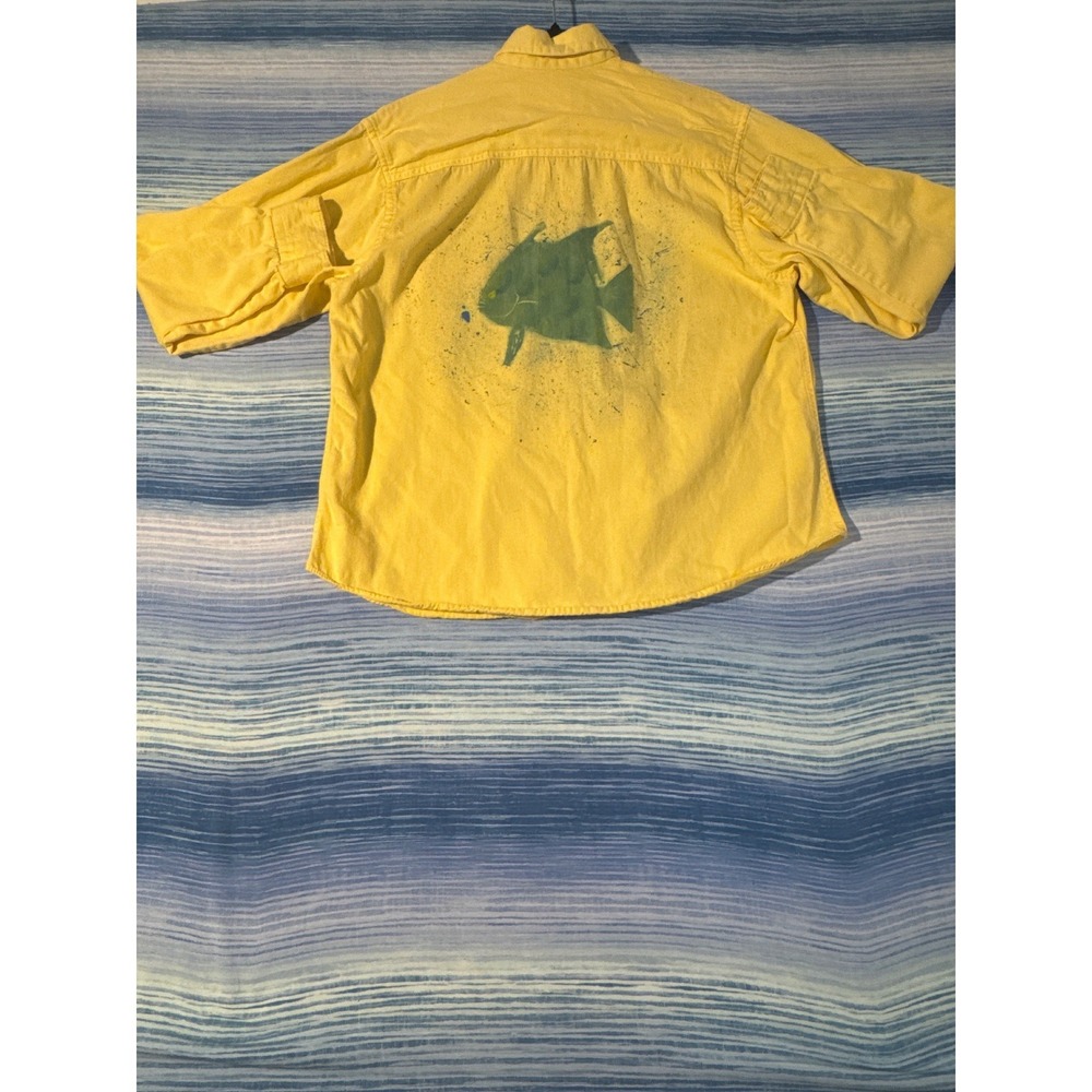 Upcycled Fish Block Print Button Down Shirt Yellow Splatter Men L Sun Collection